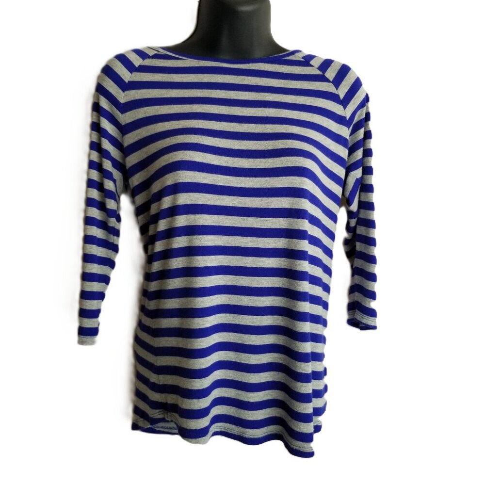Loveappella Striped Boat Neck Raglan Top Sz M Blue Gray Coastal Nautical Breton
